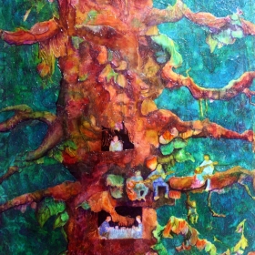 Branch Family, showing people living in a tree, a painting by Wayne Williams, 24 x 30, acrylic